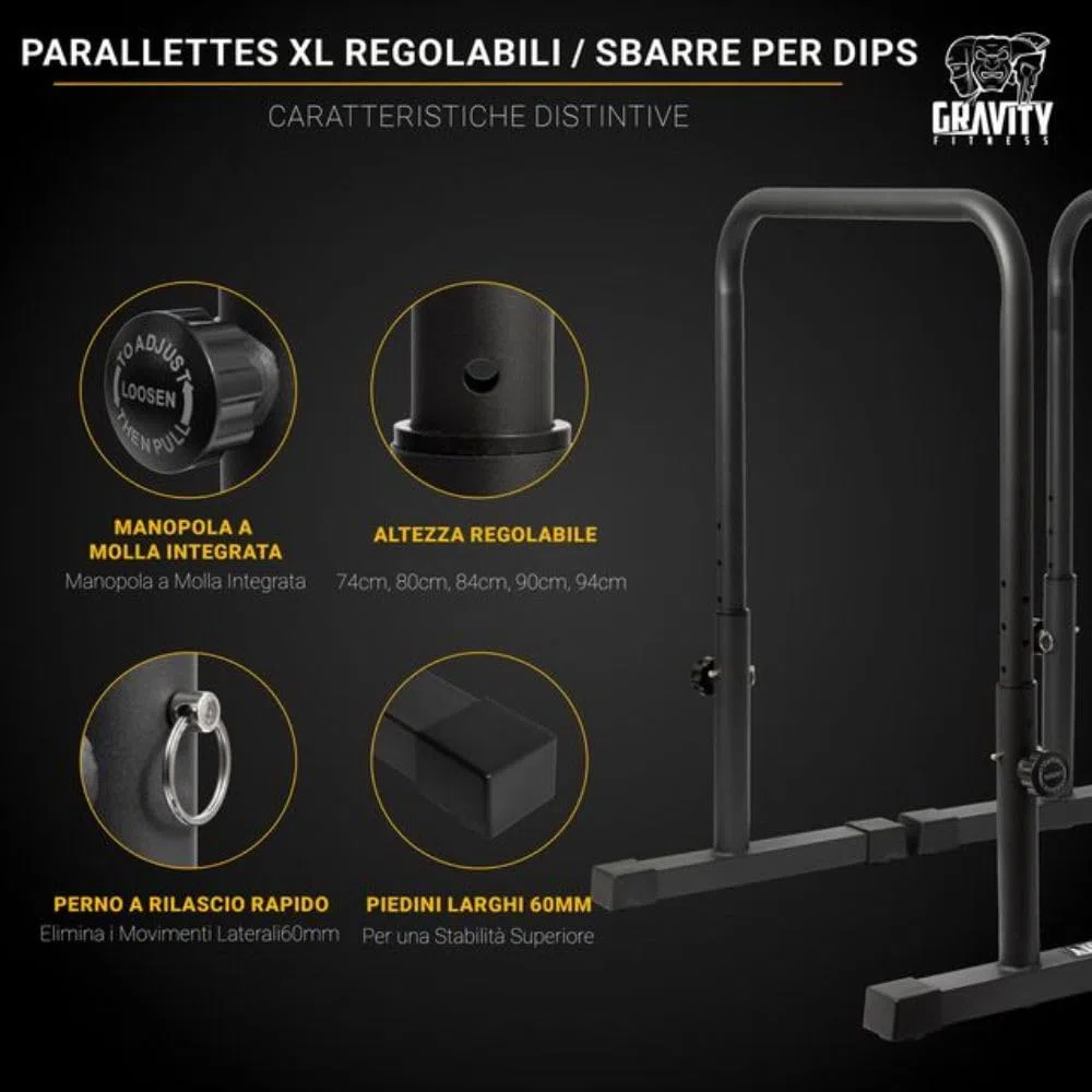 GRAVITY FITNESS Parallele Calisthenics Regolabili – Barre DIP Antiribaltamento per CrossFit, Allenamento Forza, Ginnastica – Impugnatura 38mm Regolabile in Altezza e Larghezza per Home Gym