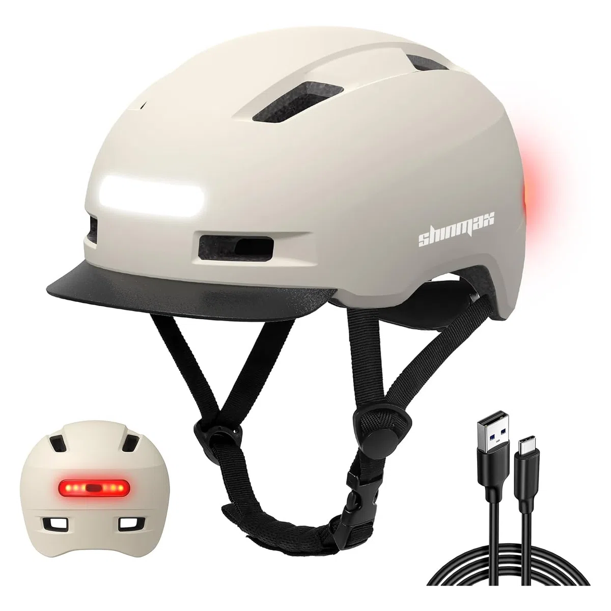 Shinmax Casco Bici Uomo e Donna,5 modalità di Luce e Visiera,USB ricaricabile,Casco Caschetto Bici Uomo per Pendolari Urbani