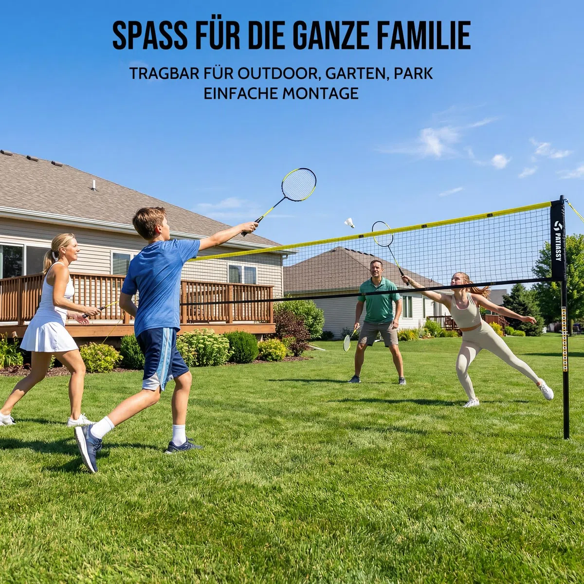 Rete da badminton portatile, rete per volani da giardino, regolabile in 3 posizioni, 6/5,1/4,2 m, con 4 racchette da badminton, 3 supporti e borsa per il trasporto per interni ed esterni