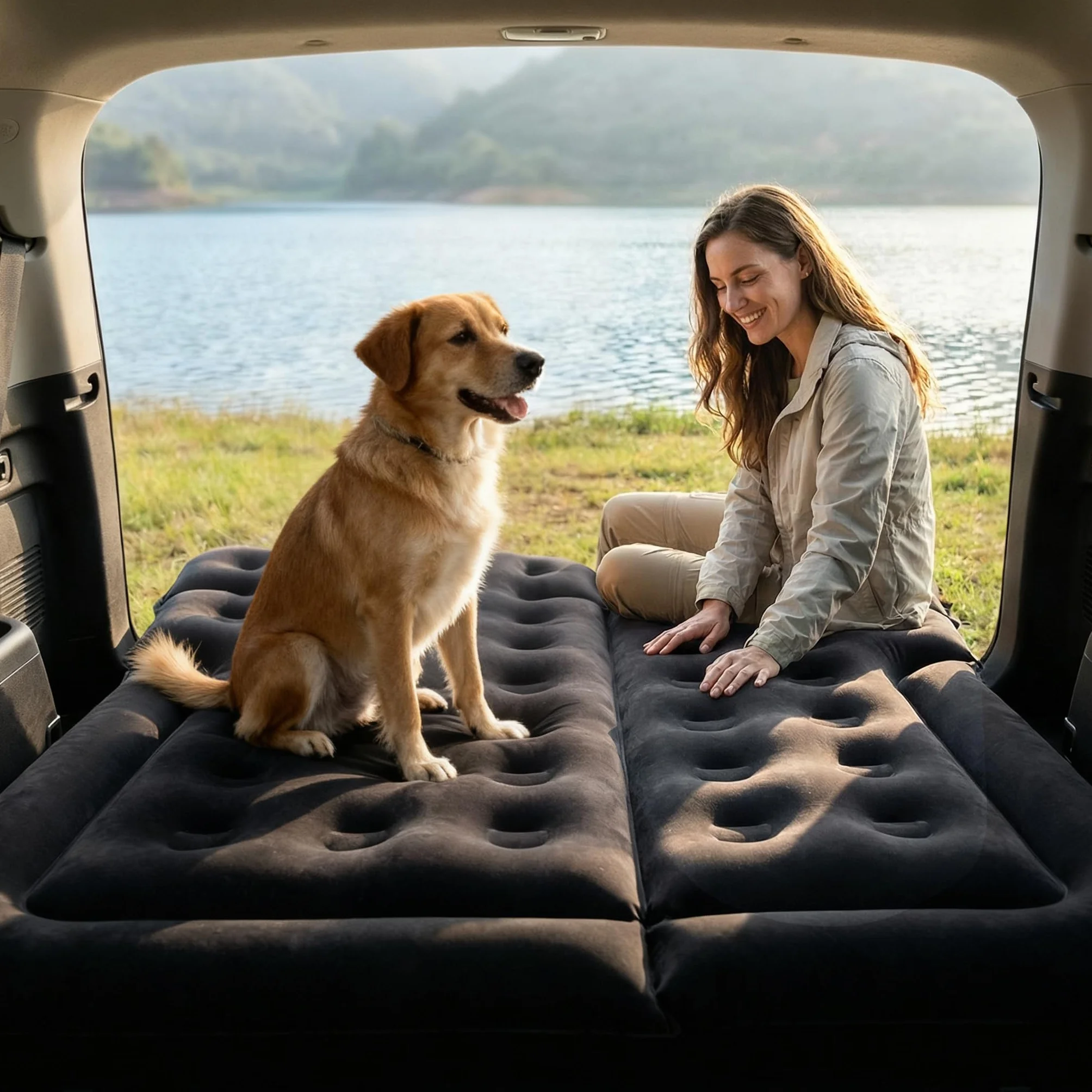 Materasso Auto SUV Portatile Ultra Comodo Floccato Materasso Gonfiabile per Auto con 2 Cuscini e Colonna d'Aria Migliorata Materasso per Auto per Interni ed Esterni Viaggi e Campeggio (Nero)