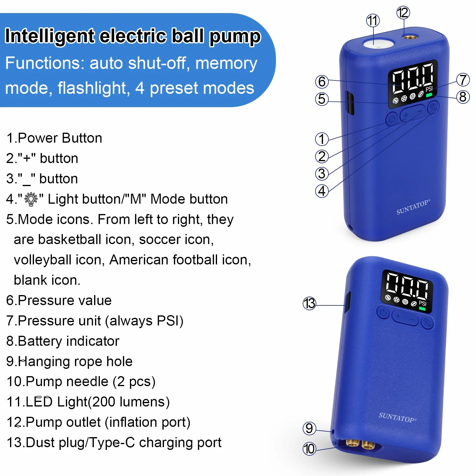 Gonfiatore Elettrico Portatile Ricaricabile 1,38 Bar 200 Lumen Torcia Pompa d'Aria per Palloni