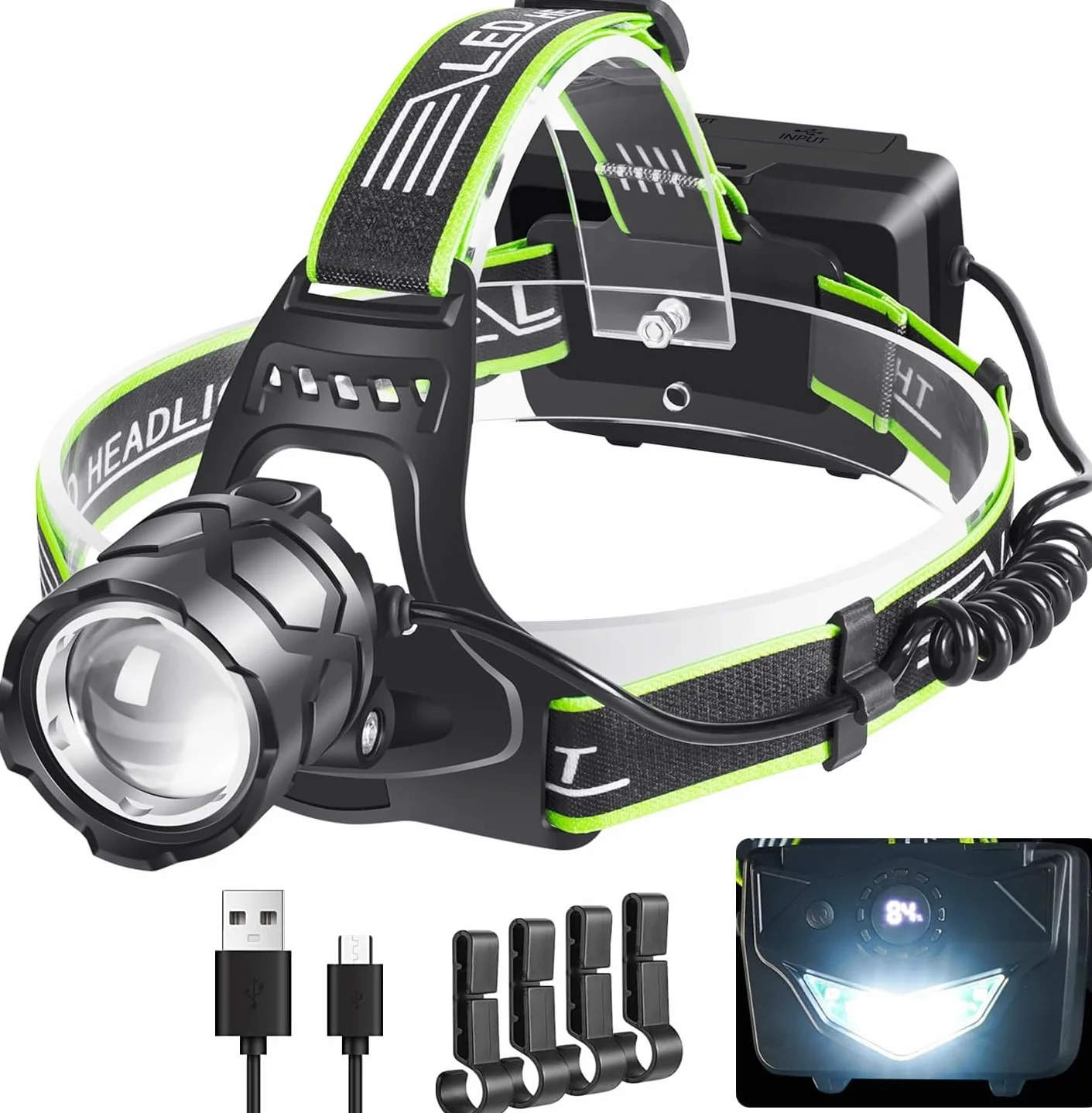 Torcia Frontale LED Ricaricabile 90000 Lumen 9000mAh 5 Modalità Luce Regolabile con Retroilluminazione per Campeggio, Pesca, Jogging