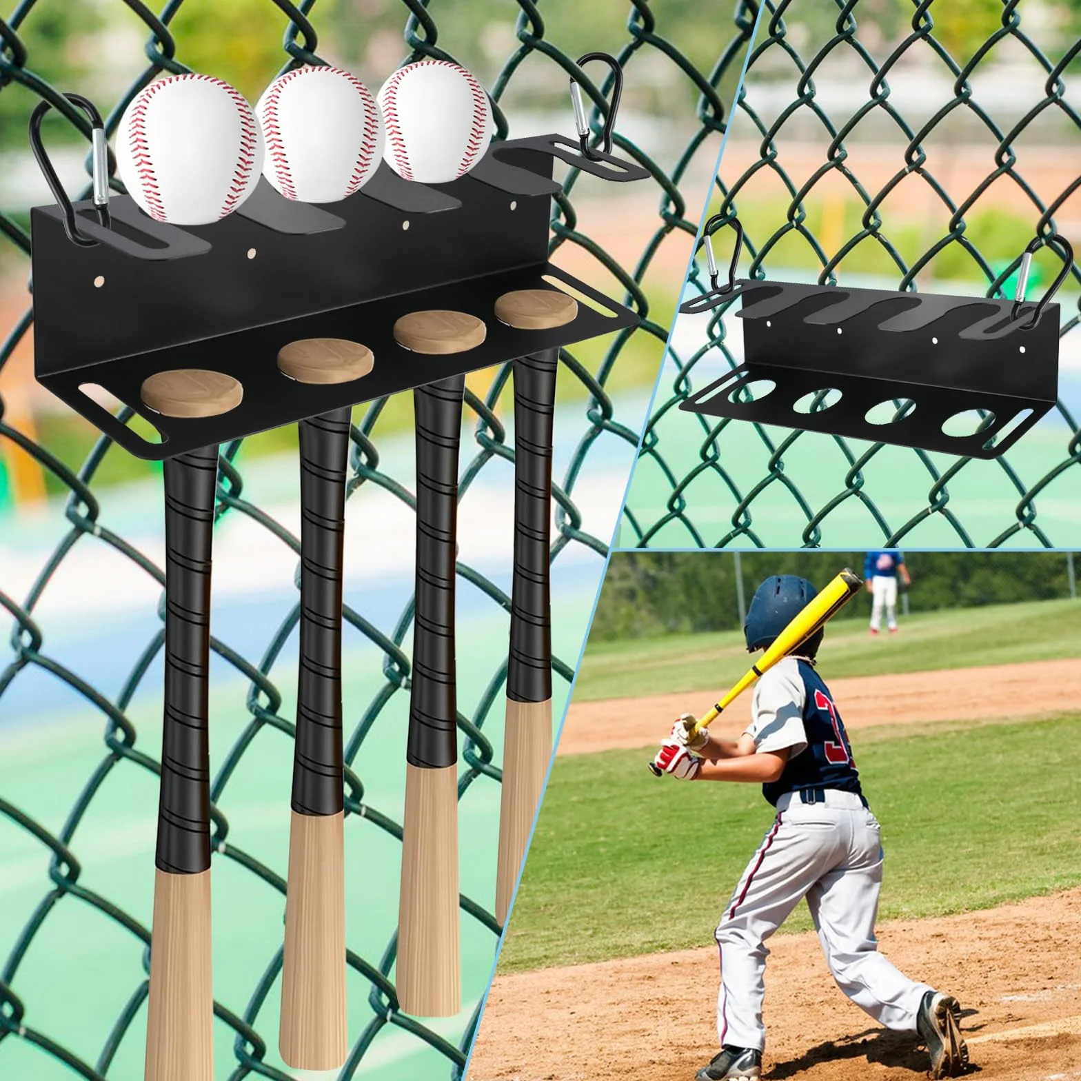 Mensola da baseball in metallo resistente per racchette e palline, organizer per attrezzature sportive (nero)