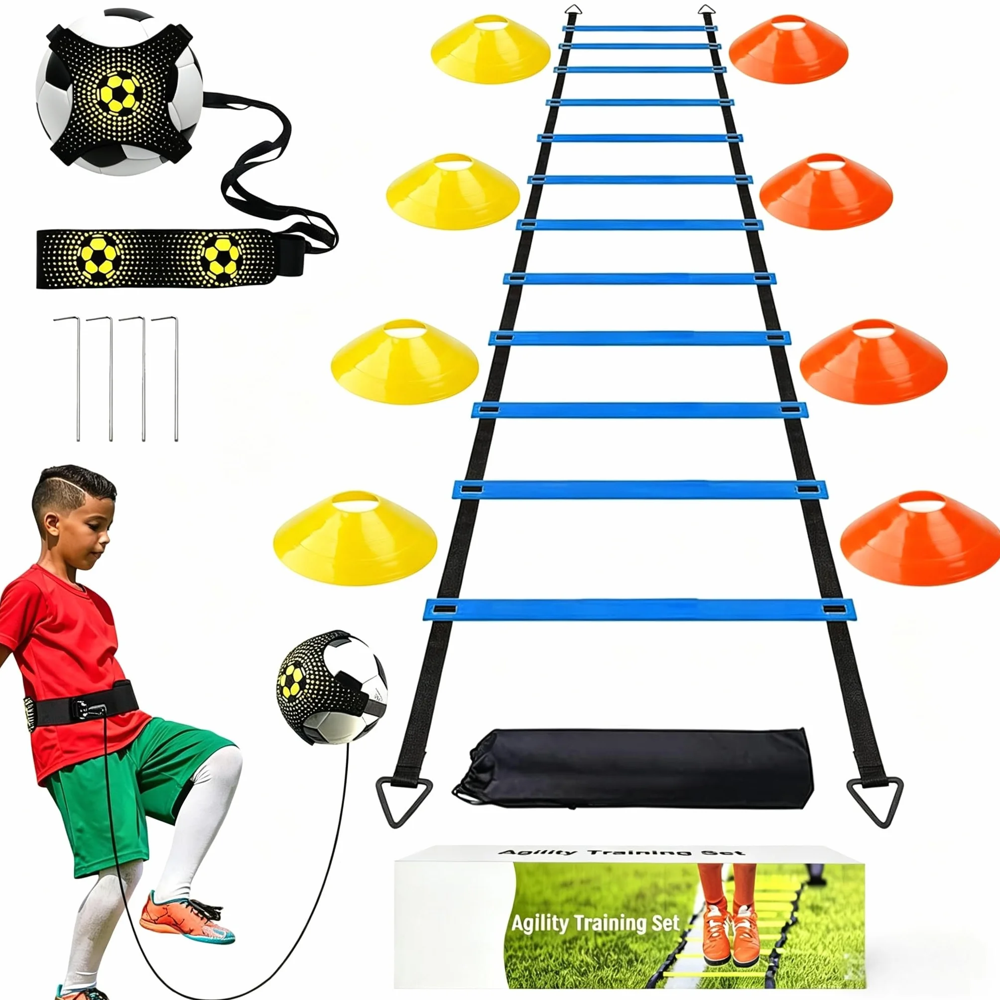 Cinesini per Allenamento Calcio, Set Completo con Scala 6m, 12 Cinesini e Lanciatore di Calcio
