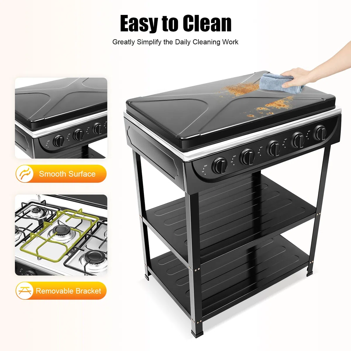 Fornello a gas a 5 fiamme, freestanding portatile, fornello a gas naturale, piano cottura a gas rettangolare con supporto antiscivolo per attività all'aperto (nero)