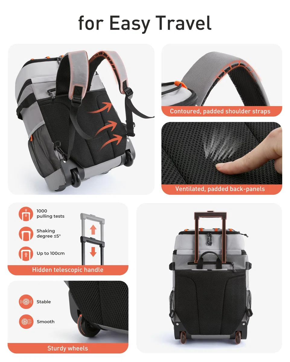 TOURIT Zaino refrigerante con ruote per 50 lattine, doppio fondo e doppio manico, borsa frigo portatile con ruote da donna, capacità 30 litri, dimensioni: 18" (15"+3") × 13" × 11"