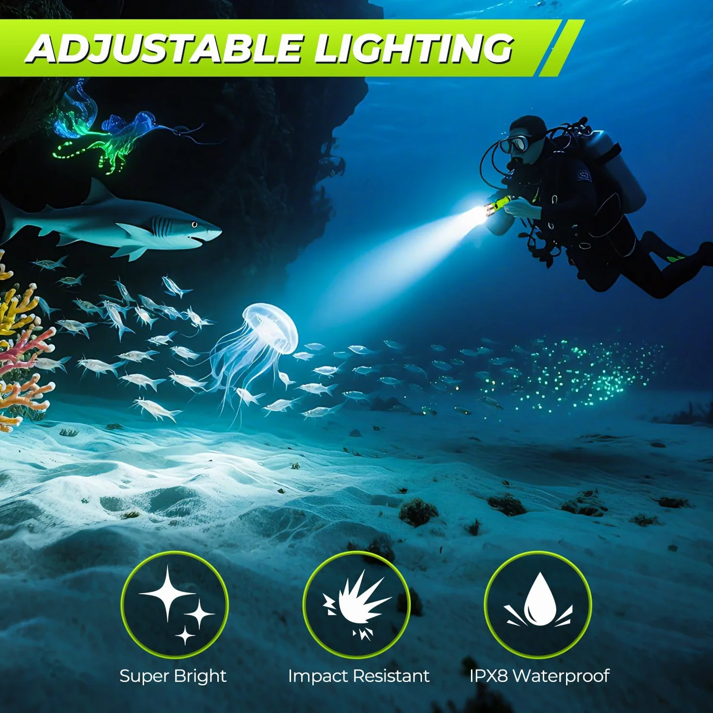 Torcia subacquea ricaricabile 1500 lumen IPX8 LED impermeabile 3 modalità subacquee (argento)