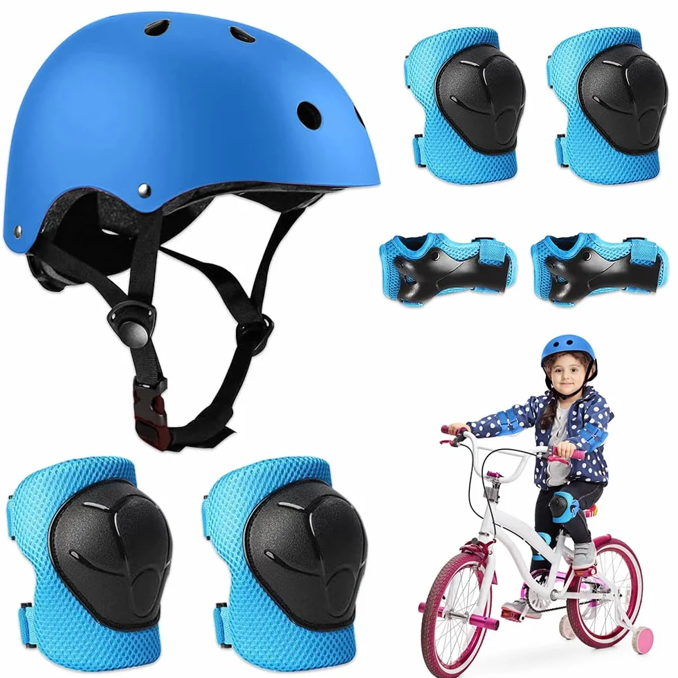 Set di Casco Protezione Bambini, 5 in 1 Casco Bici Protezioni Set per 3-11 Anni Regolabile Polso Ginocchiere Protezione per Skateboard Hoverboard Pattini in Linea(Blu)