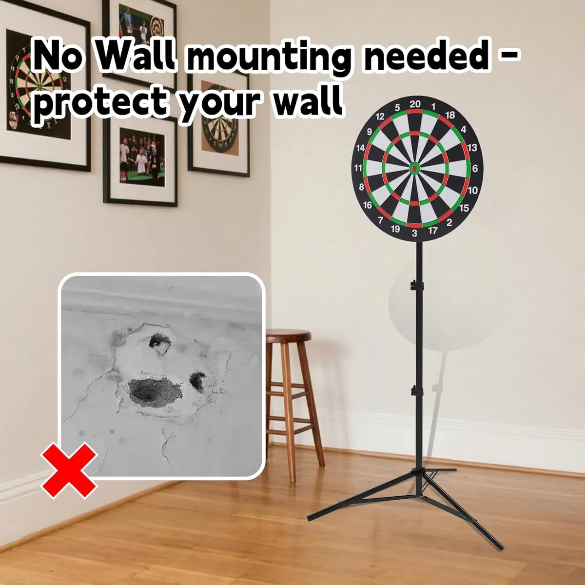 Bersaglio per freccette con supporto, 86-188 cm, regolabile in altezza, bersaglio da 46 cm, robusto tre piedi, design portatile con 6 freccette per viaggi, casa, pub o giochi all'aperto