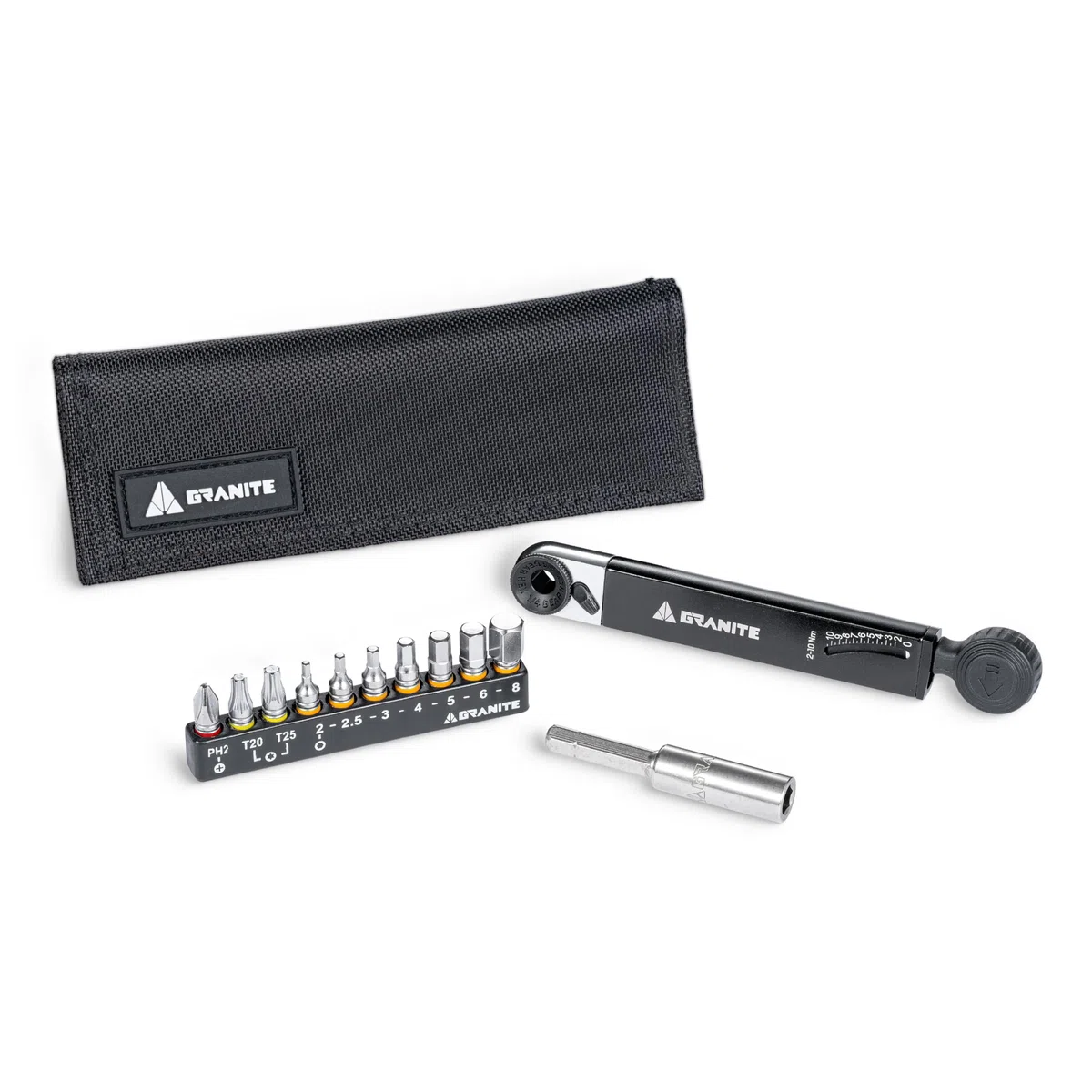 Granite Rocknroll TQ Torque Ratchet kit attrezzi per bicicletta, kit multitool per bicicletta con 10 inserti e asta di prolunga, Kit chiave dinamometrica per bicicletta da montagna (Nero)