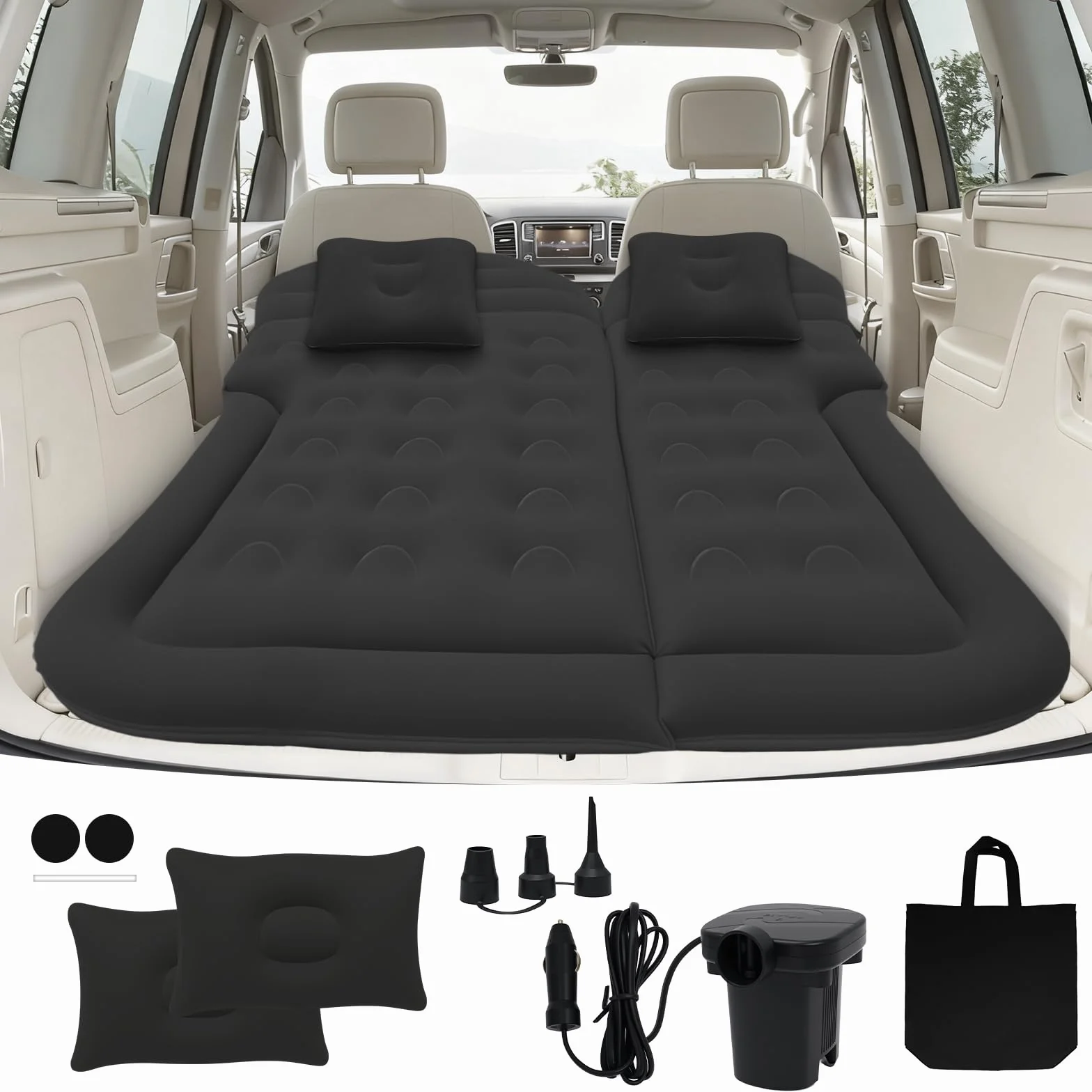 Materasso Auto SUV Portatile Ultra Comodo Floccato Materasso Gonfiabile per Auto con 2 Cuscini e Colonna d'Aria Migliorata Materasso per Auto per Interni ed Esterni Viaggi e Campeggio (Nero)
