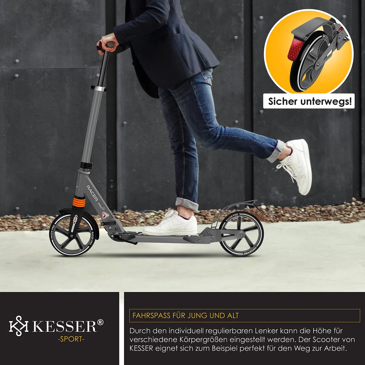KESSER® Monopattino Cityroller Scooter Ruote da 205 mm PU Big Wheel - PRO-S con Doppia Sospensione, Scooter da Città Pieghevole e Regolabile in Altezza, Monopattino per Adulti e Bambini