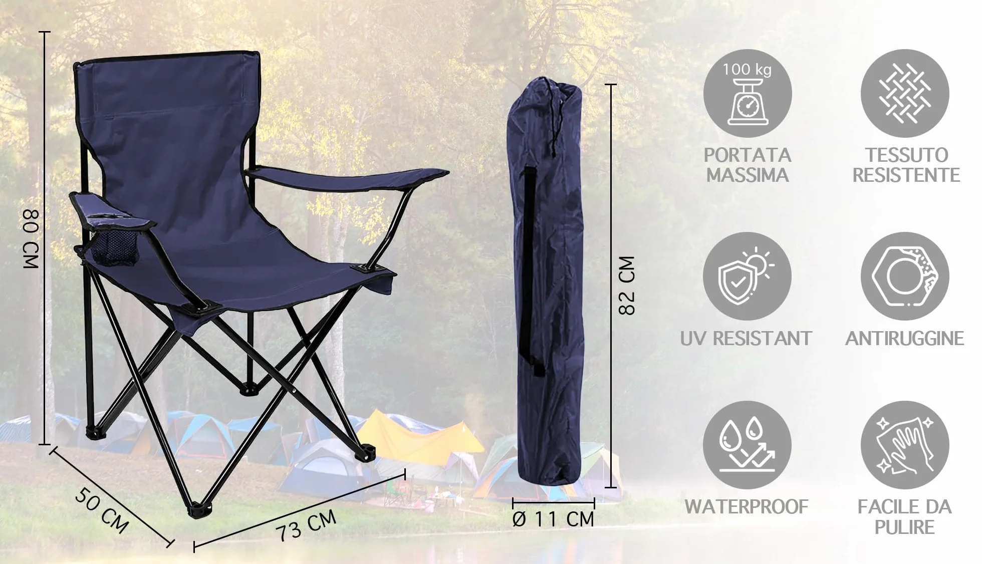 IlGruppone Sedia Camping Pieghevole in Acciaio con Porta Bevande – Sedia da Campeggio Portatile Impermeabile e Antiruggine con Sacca Trasporto – Ideale per Mare, Spiaggia, Pesca e Outdoor (Blu)