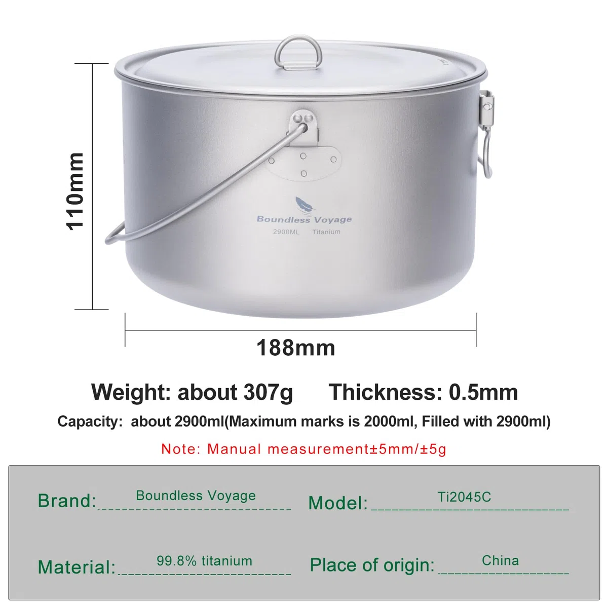 Boundless Voyage Vaso da campeggio in titanio, 1,3 l, 1,95 l, 2,9 l, con coperchio, per esterni, leggero, per la zuppa, per il falò, da appendere, per le escursioni, per la cucina portatile