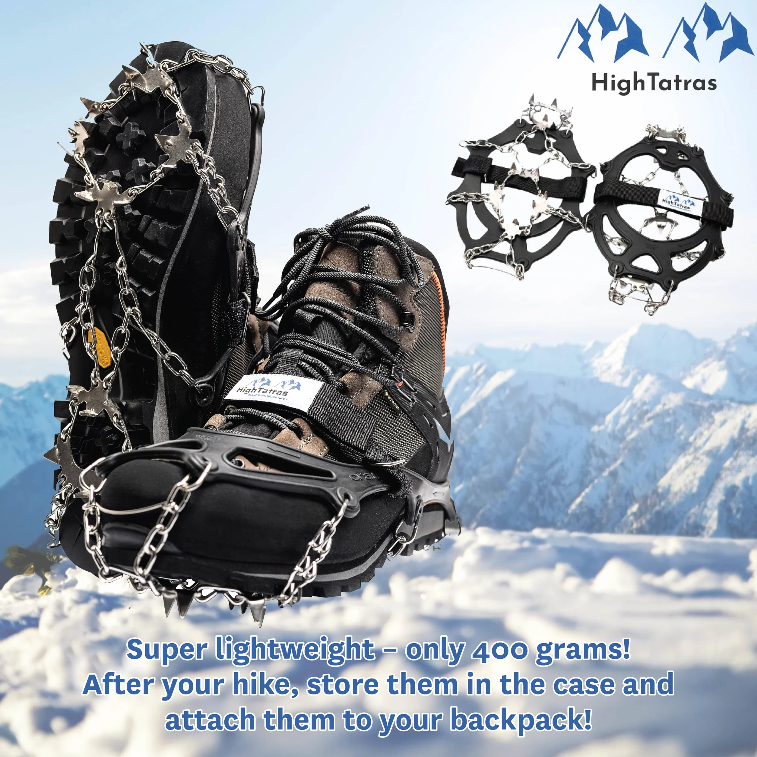 High Tatras Ramponi per scarponi taglie M, L, XL, punte antiscivolo, ramponi da montagna per neve e ghiaccio, per trekking invernale, 8 o 18 punte in acciaio