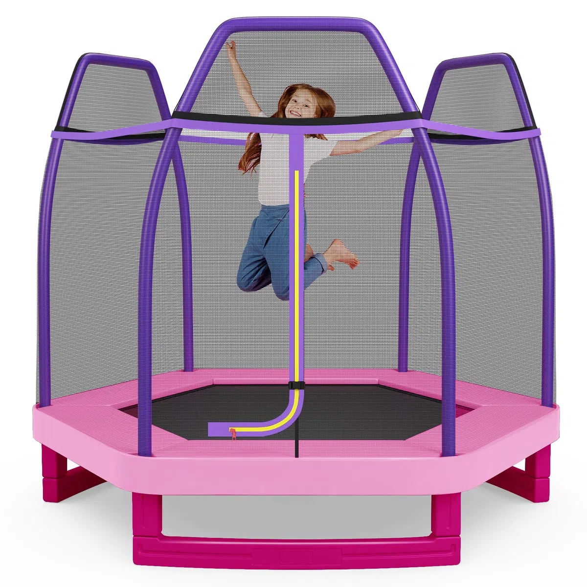 COSTWAY Trampolino Elastico per Bambini 223 cm, Tappeto Elastico per Bambini da Esterno ed Interno con Rete e Cuscinetto a Molle, Portata150 kg, Adatto ai Bambini 3+ Anni