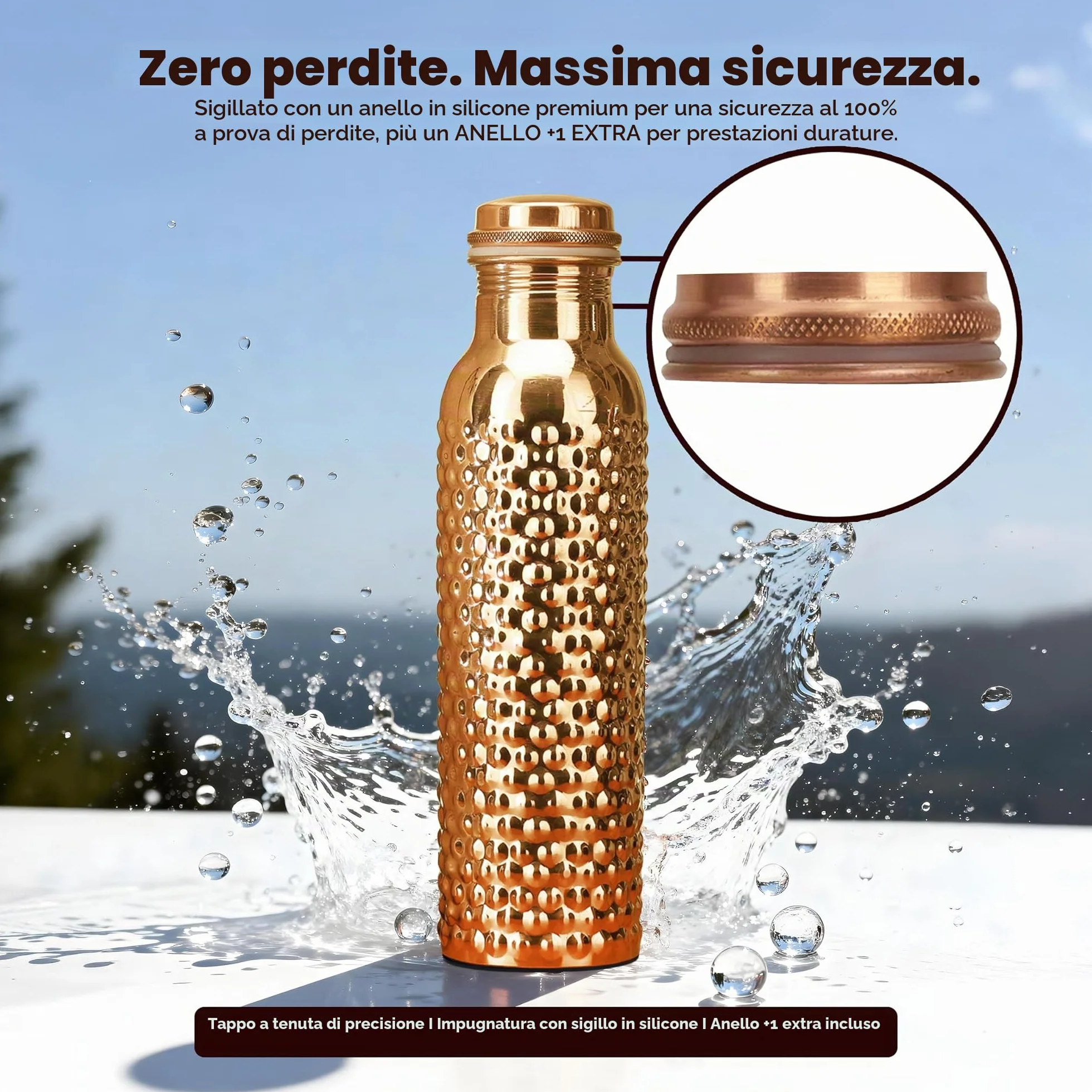 Borraccia in rame da 34 once con borsa in iuta, bottiglia in rame puro per acqua potabile, palestra, yoga, 1000 ml