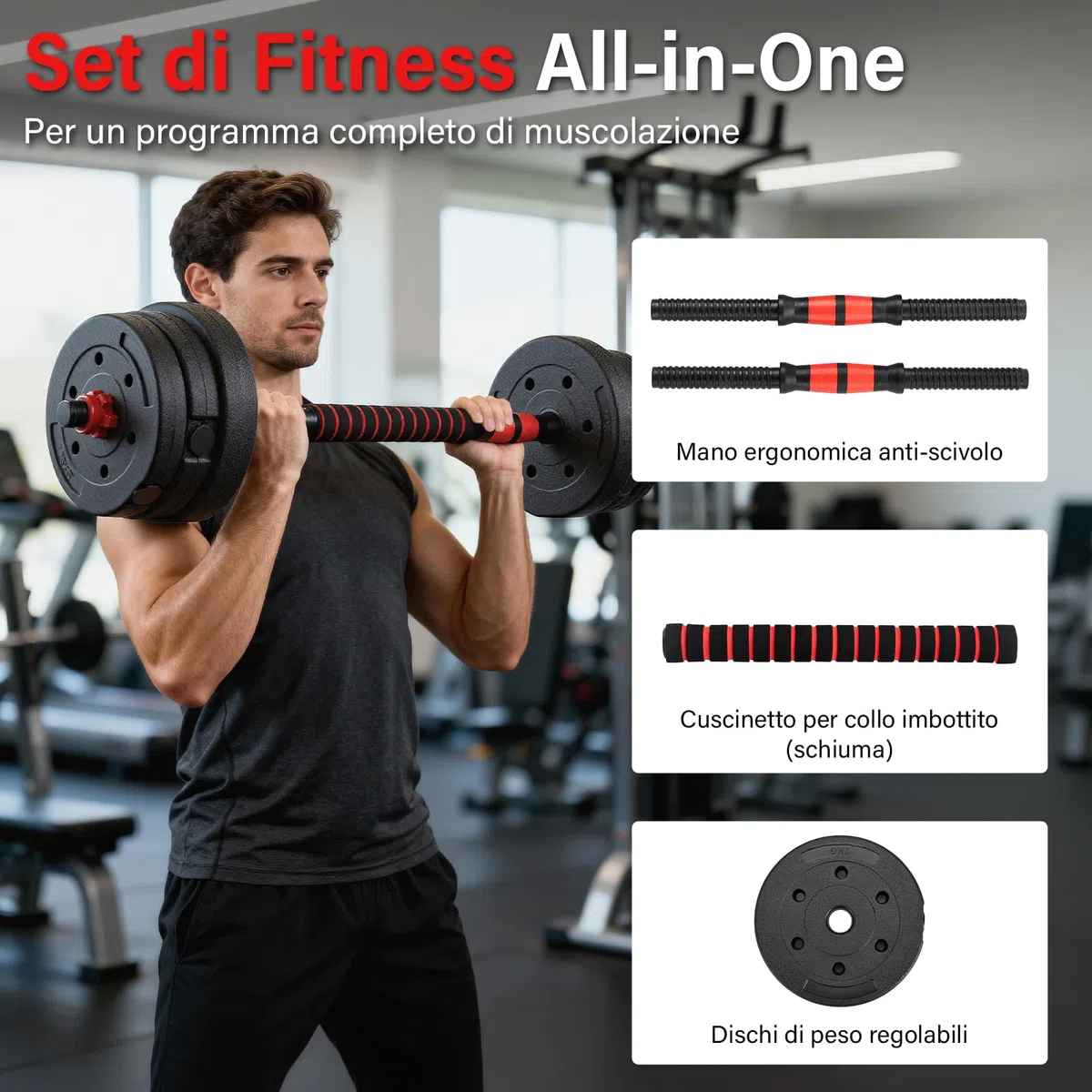 TEENO Kit Completo per Muscolazione 15 kg, 20 kg, 30 kg con Kettlebell, Manubri, Barre e Supporti per Flessioni, Ideale per il Fitness Domestico