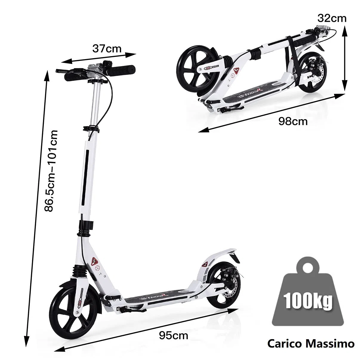 GYMAX Monopattino Pieghevole in Alluminio, Scooter con Manubri Regolabili in Altezza, Ruote Grandi, Paraspruzzi, Adesivi Riflettenti e Campanello, Ideale per Adulti o Ragazzi, Portata 100 kg