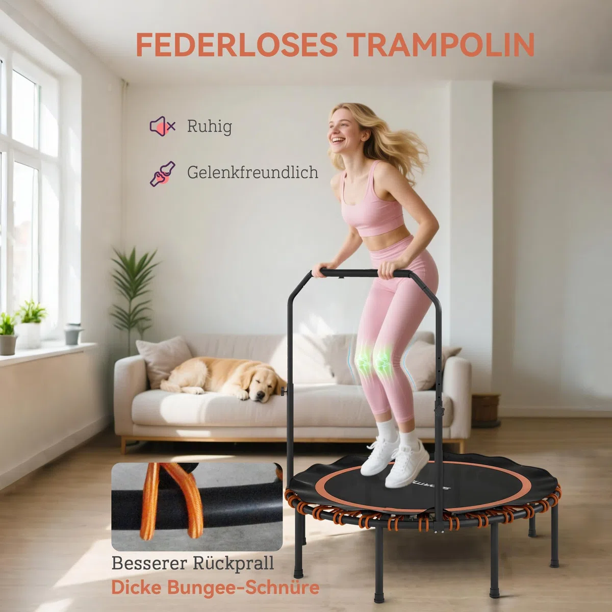 SPORTNOW Fitness Trampolin Ø114/122 cm klappbar Mini Trampoline mit 5 verstellbaren Handgriffstufen, leise Gummiseil, Trampolin für Erwachsene Trampoline für Indoor Outdoor Jumping