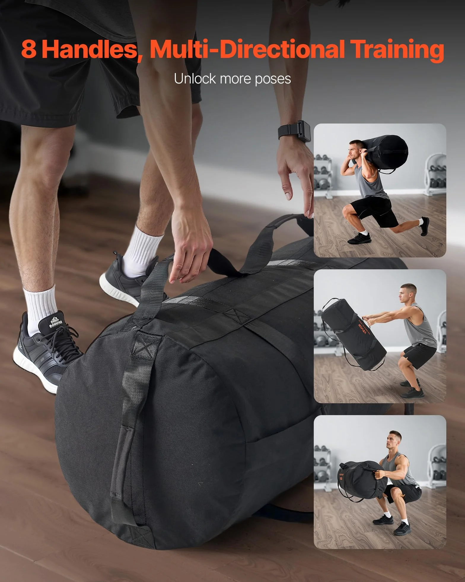 VEVOR Sacco di Sabbia per Allenamento, Resistente Borsa per Allenamento con Manici, Borsa per Fitness, Allenamento con Pesi, Cross-Training, Esercizi in Palestra a casa, Nero (Non Riempito)