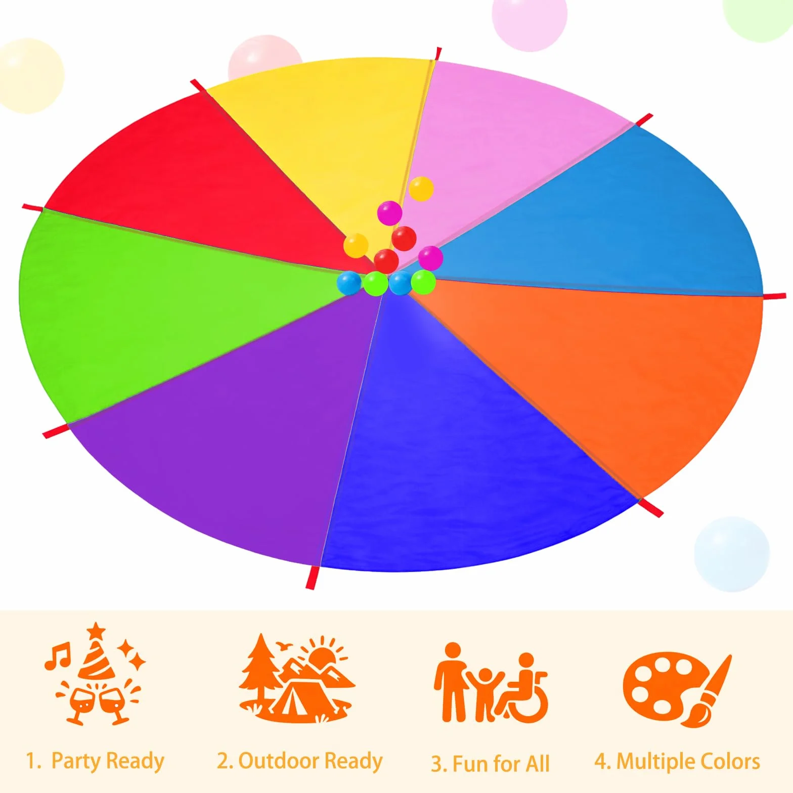 Paracadute Bambini 3,6m Arcobaleno 8 Maniglie 10 Palle Giochi All'aperto Sport