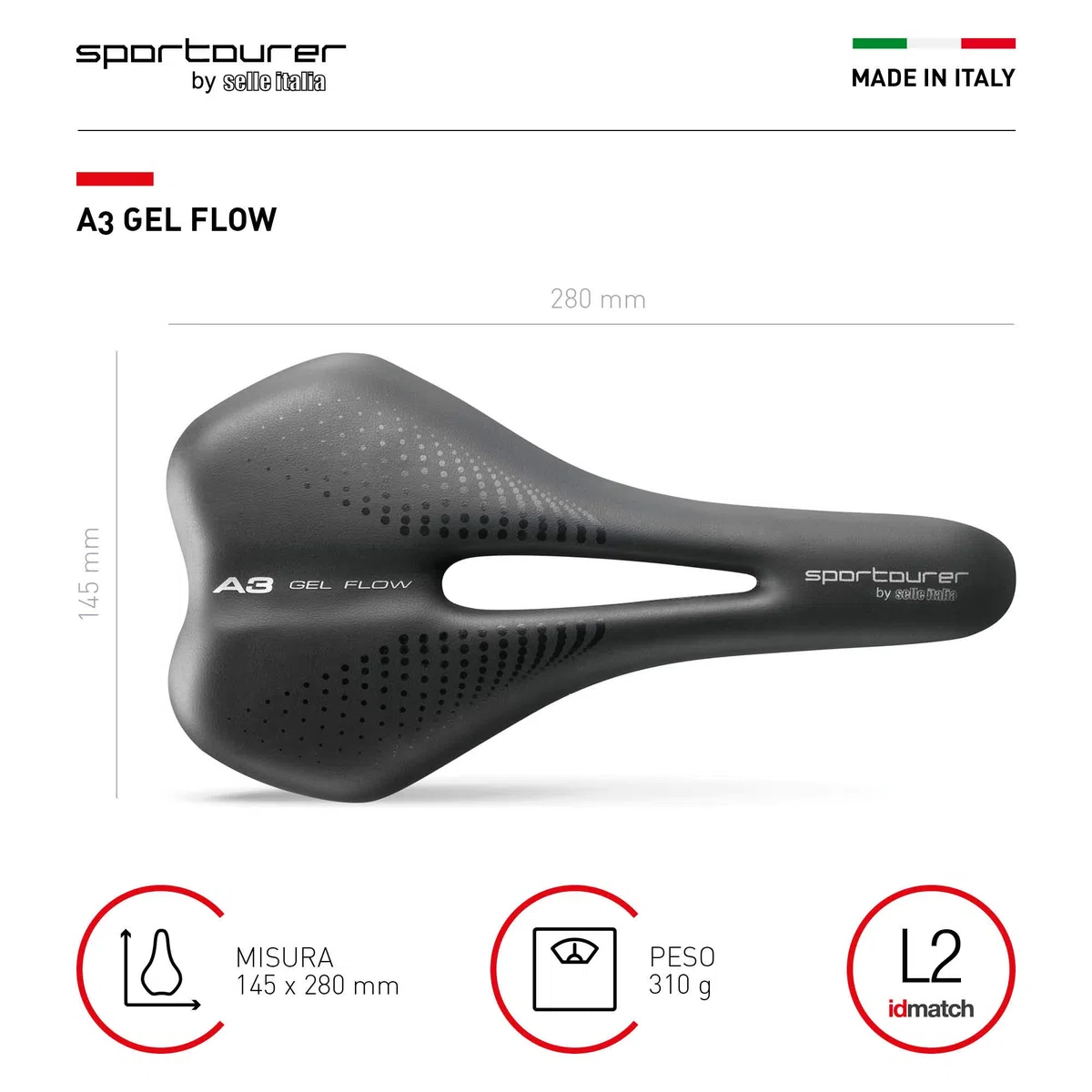Selle Italia A3 GEL FLOW - Sella Comoda per Bicicletta con Gel, Foro Anatomico, Resistente all'Acqua e Adatta a Tutti i Tipi di Bici - Nero