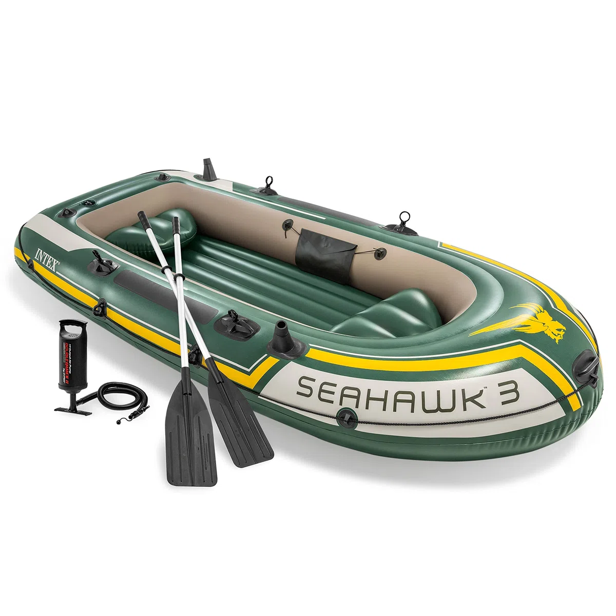 INTEX Serie di barche gonfiabili Seahawk: include remi in alluminio deluxe e pompa ad alto rendimento, PVC super resistente, supporti per canna da pesca, maniglie resistenti, custodia per attrezzi