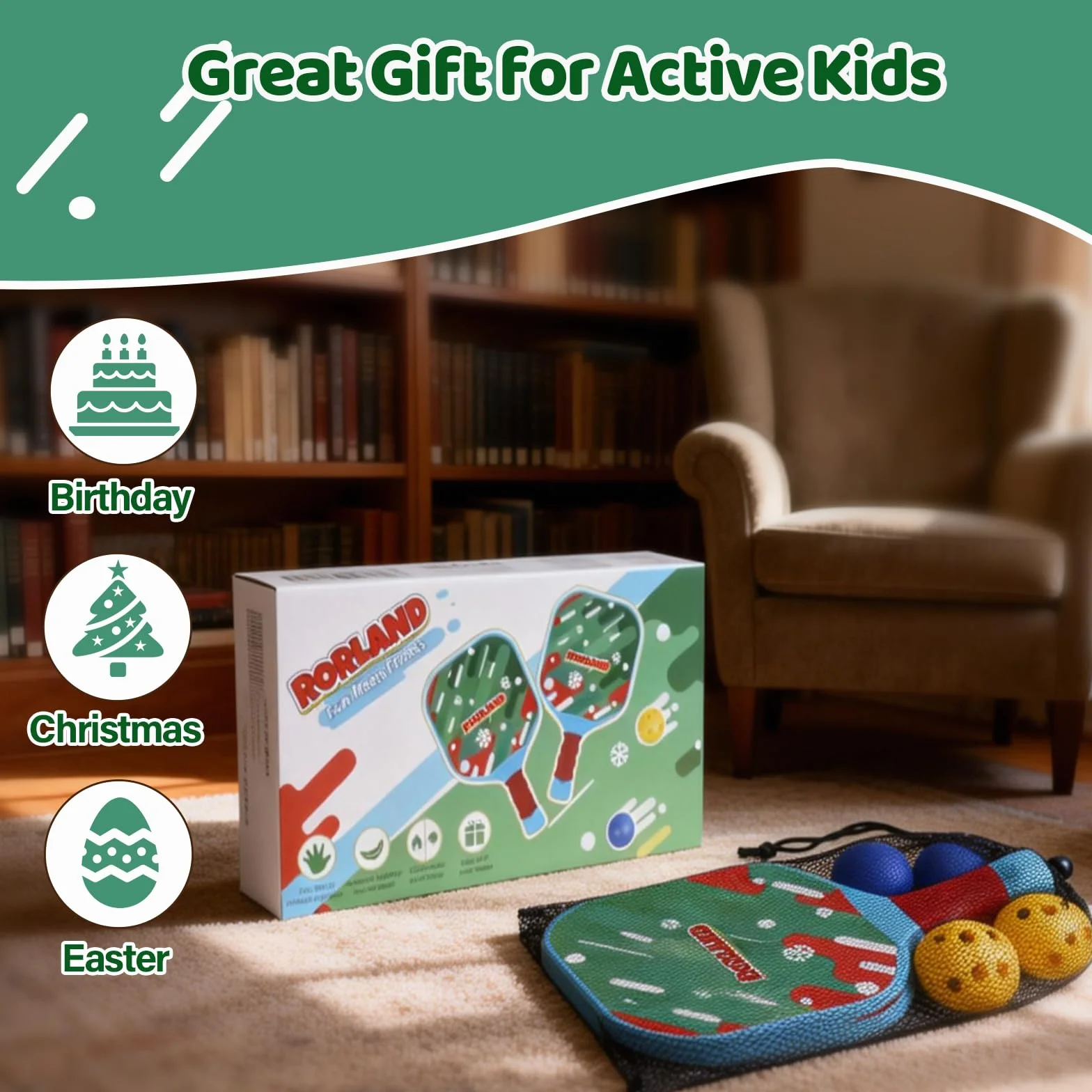Set Pickleball Bambini: 2 Racchette 4 Palline, Peso Leggero 200g, Impermeabile per Giardino Spiaggia Piscina