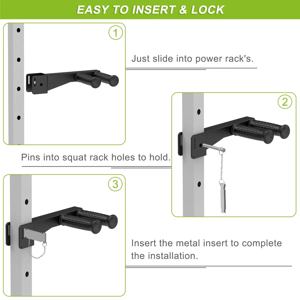 Attacco per barra per immersioni per power rack da 2 x 2 pollici e 3 x 3 pollici, maniglie larghe e strette antiscivolo, attacco per squat rack per immersioni