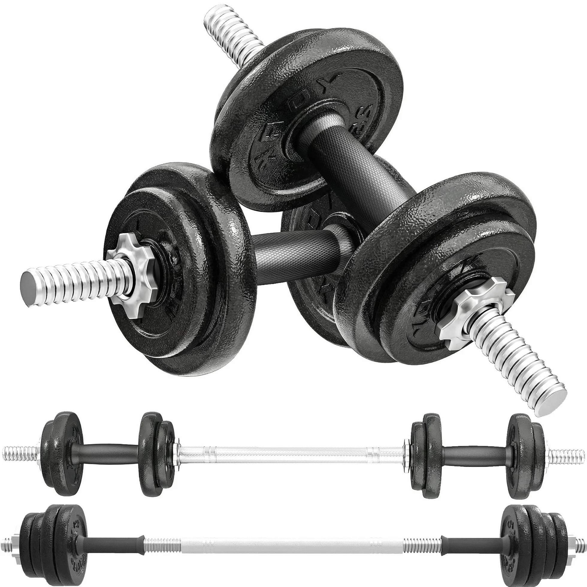 SPORTNOW Set di Manubri 2 in 1 da 20kg Regolabile con Impugnature Antiscivolo, Set Pesi e Bilanciere per Allenamento a Casa con 8 Dischi Pesi, Barra Bilanciere e 2 Barre per Manubri in Acciaio