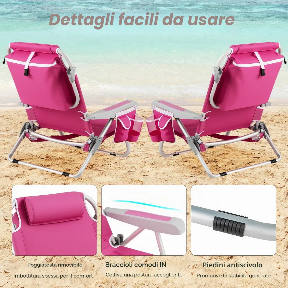 KOMFOTTEU Sedia da Spiaggia Pieghevole, Spiaggina con Schienale Regolabile in 5 Posizioni, Sdraio Mare con Poggiatesta, Lettino Prendisole con Tasca Laterale, Carico 150 kg，Rosa：1
