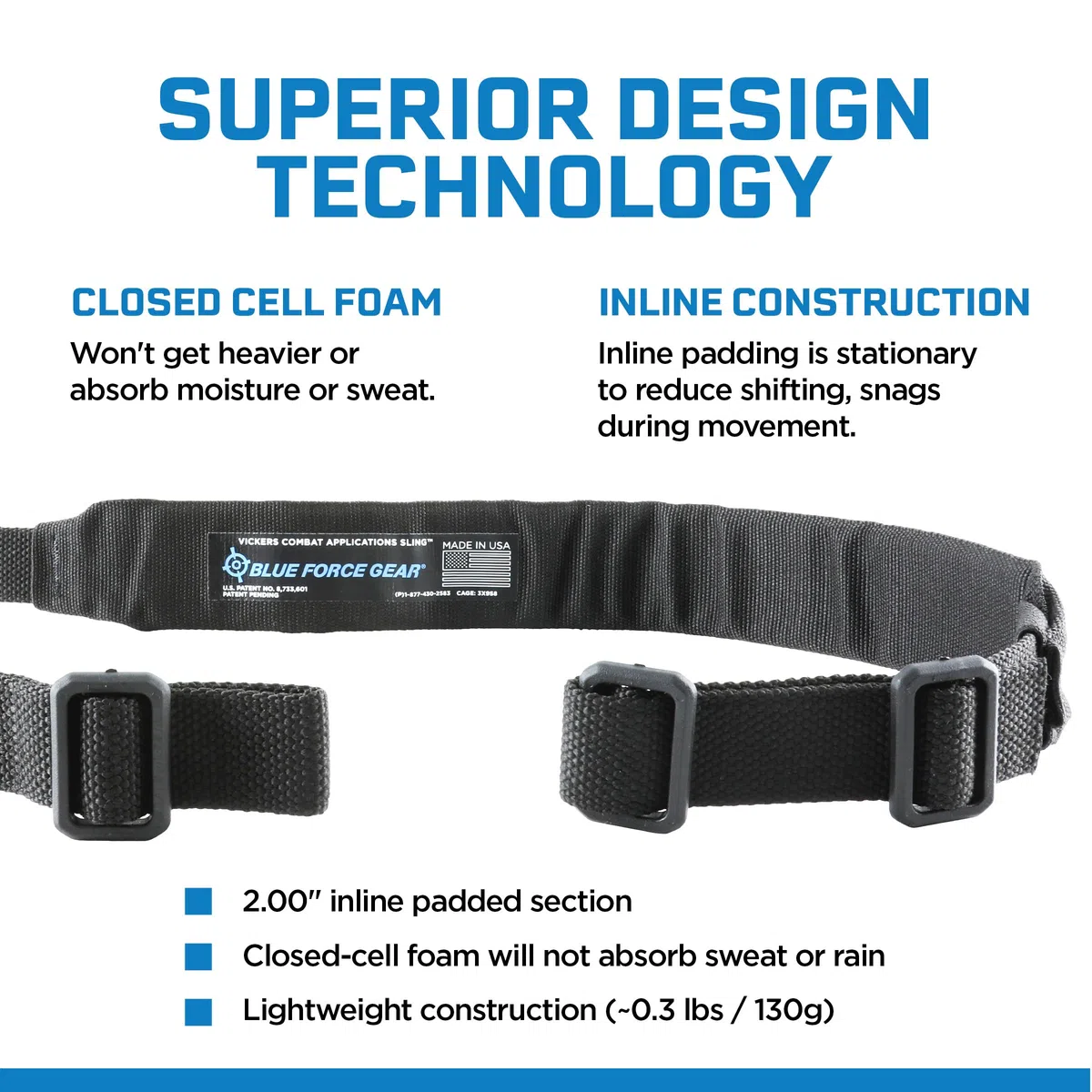 Blue Force Gear Vickers Padded Sling - Two Point Sling with Padded Straps, Adjustable,57-67 Inches - Black