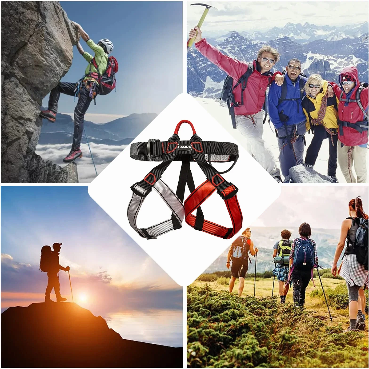 Imbracatura da Arrampicata a Metà Corpo, Cintura per Alpinismo, Anticaduta, Donna Uomo (Nero Rosso)