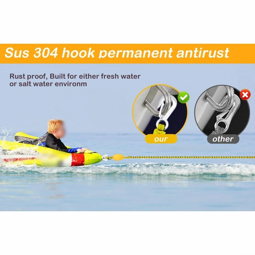 Fune di traino per tubi 4,5 m con puleggia rotante 360° e galleggiante, connettore a Y per wakeboard