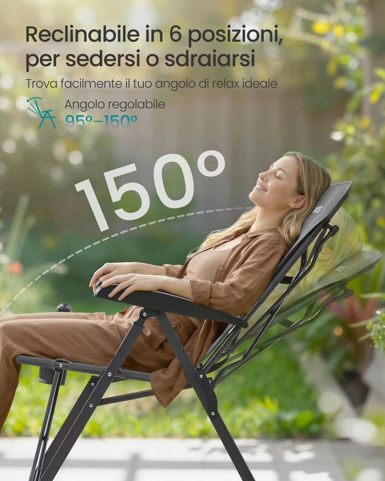 SONGMICS Set di 2 Sedie da Campeggio Reclinabile Pieghevole Imbottita Schienale Alto Regolabile Grigio