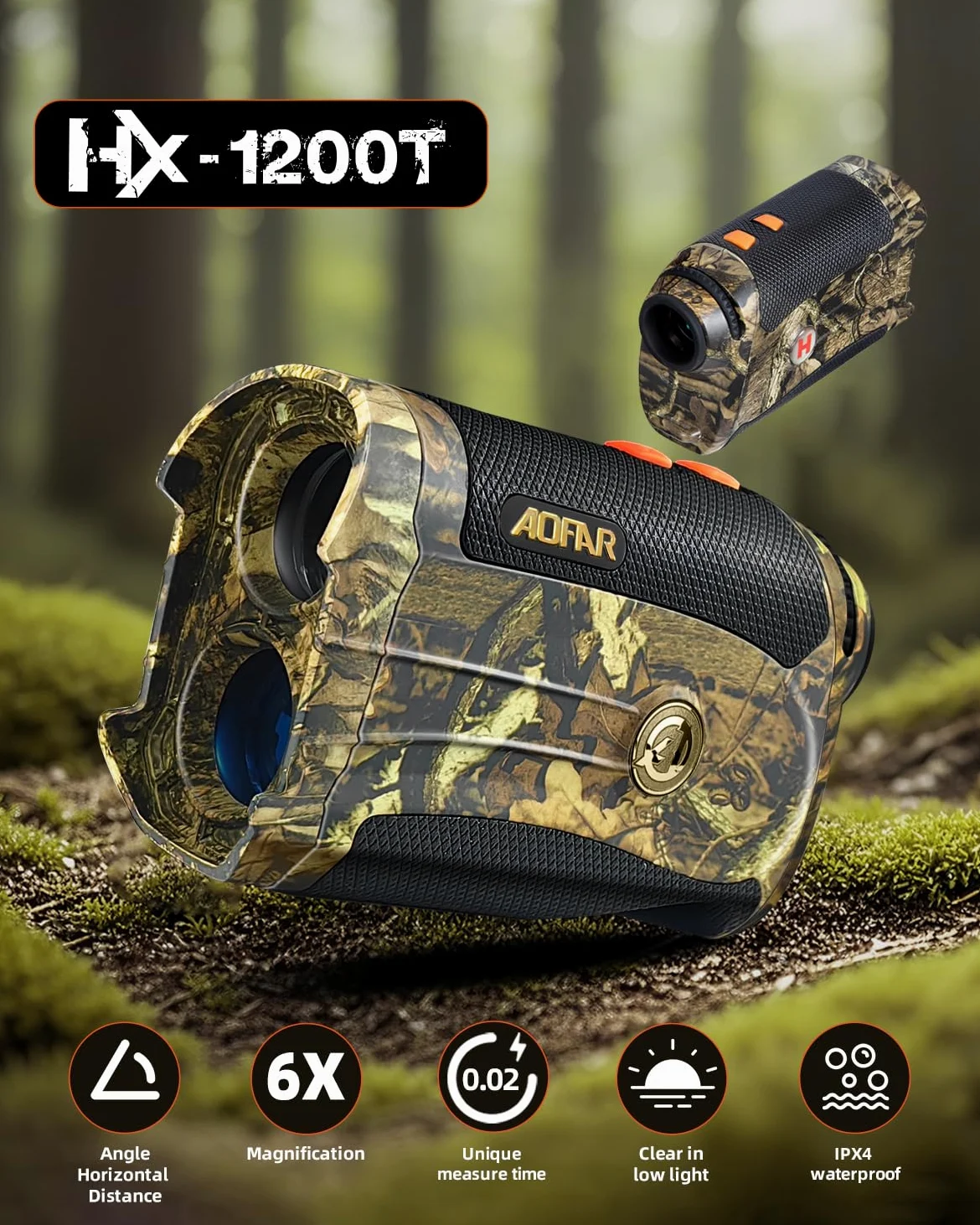 AOFAR HX-1200T Telemetro per Caccia Selvaggio Plus 1200 Metri，Camo Impermeabile, 6X 25mm, Range e Bow Modello, Imballaggio Regalo, Batteria Gratuita