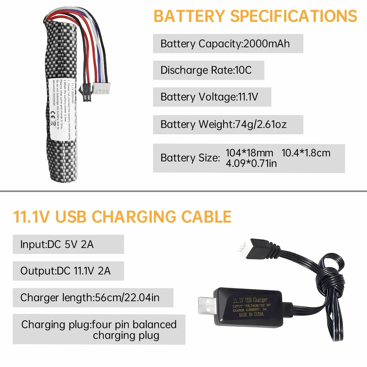 Batteria Li-ion 11.1V 2000mAh 3S SM-2P con Cavo di Ricarica USB per Airsoft Gel Ball Blaster