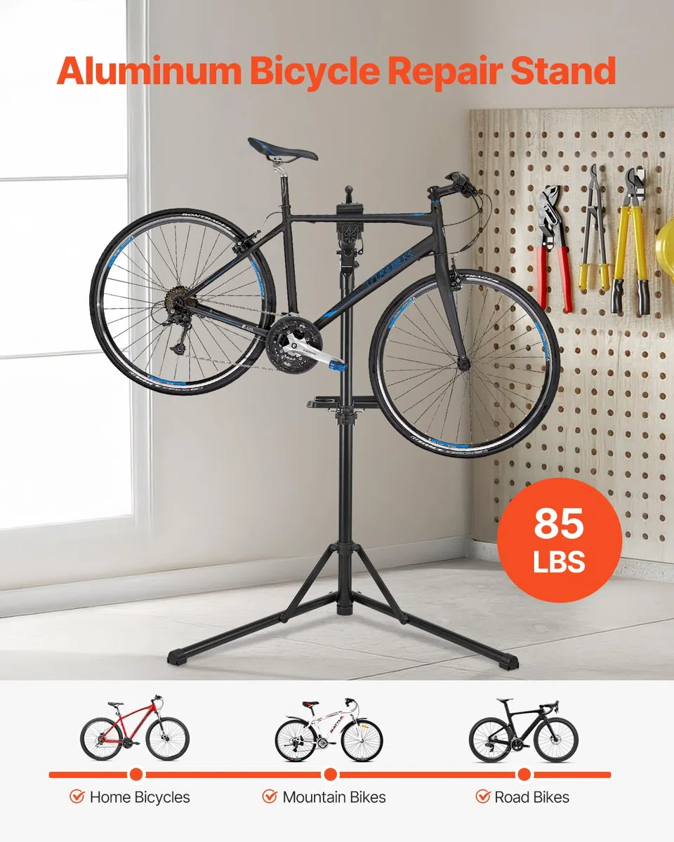 VEVOR Supporto per Riparazione Bici, da 37 kg con Altezza Regolabile da 102 a 162 cm e Vassoio Portautensili Magnetico, Supporto Pieghevole per Manutenzione Bici, per Meccanici da Casa