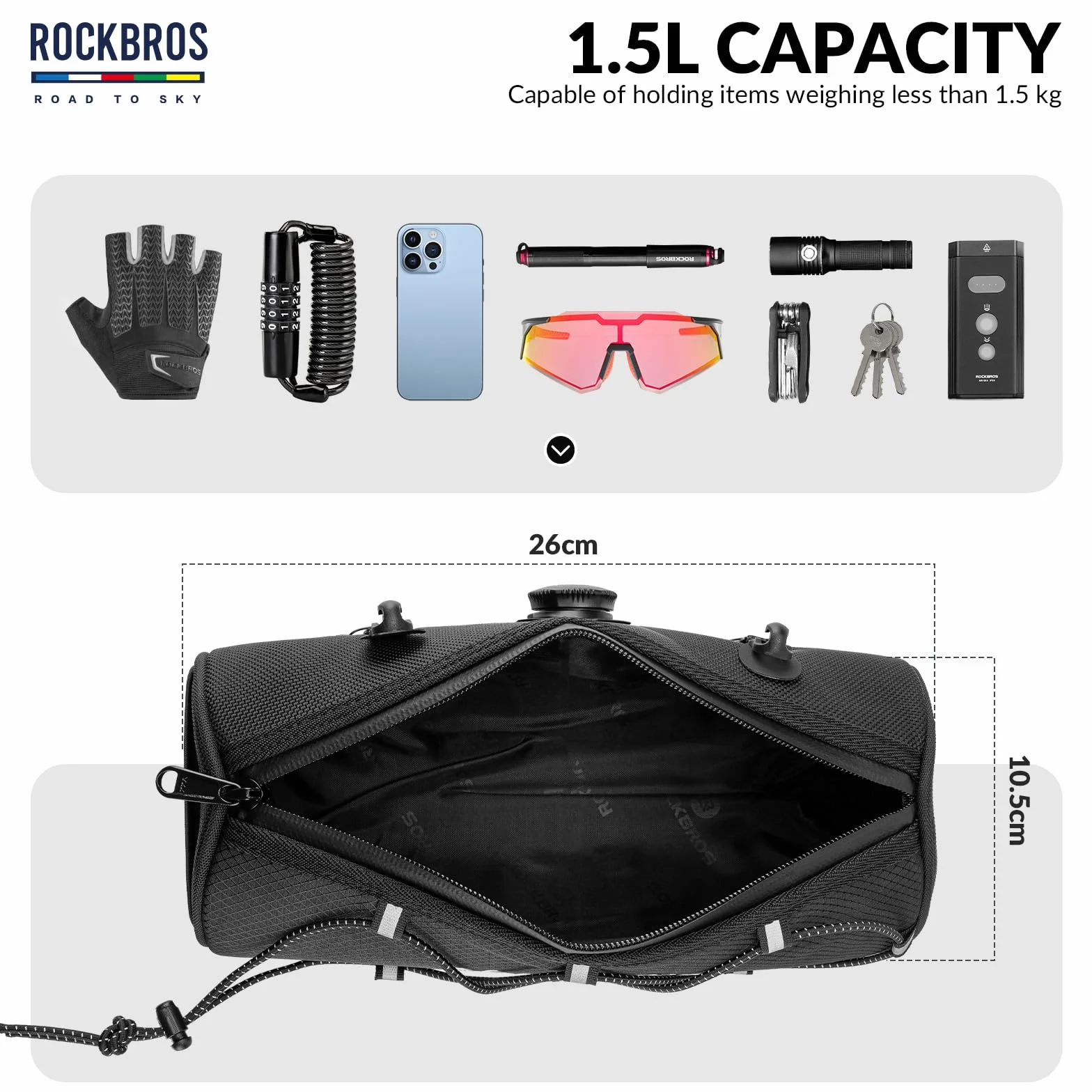 ROCKBROS Road to Sky Borsa Manubrio Bici, Borsa Anteriore Impermeabile Bicicletta, Borsello Manubrio Riflettente per MTB, Bici da Corsa, Bici da Città, Capacità 1.5L