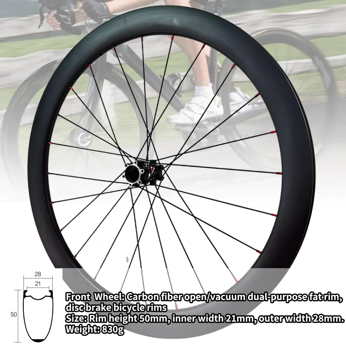 Set di Ruote per Bici da Corsa 700C Cerchi in Fibra di Carbonio Altezza 38/50mm Sgancio Rapido Freno A Disco Mozzo 24H Straight Pull per Cassetta 7-12 velocità(50MM)