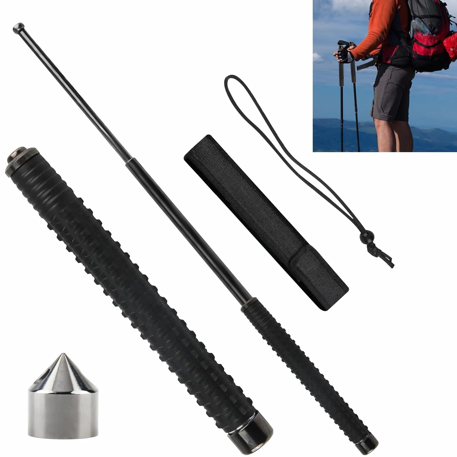 Bastone da Escursionismo Telescopico Pieghevole 64cm Antiscivolo Trekking Campeggio Alpinismo Sci Nero