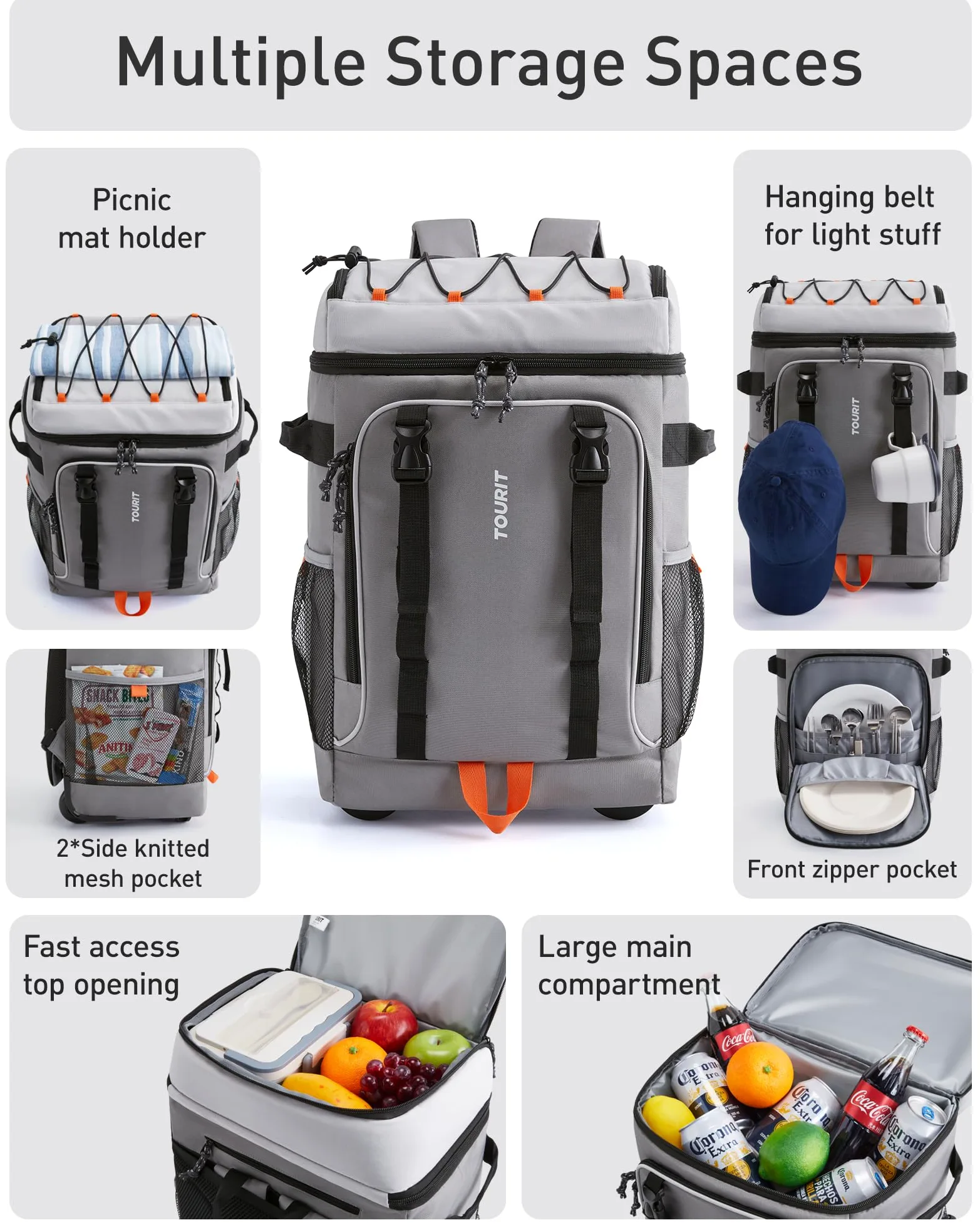 TOURIT Zaino refrigerante con ruote per 50 lattine, doppio fondo e doppio manico, borsa frigo portatile con ruote da donna, capacità 30 litri, dimensioni: 18" (15"+3") × 13" × 11"
