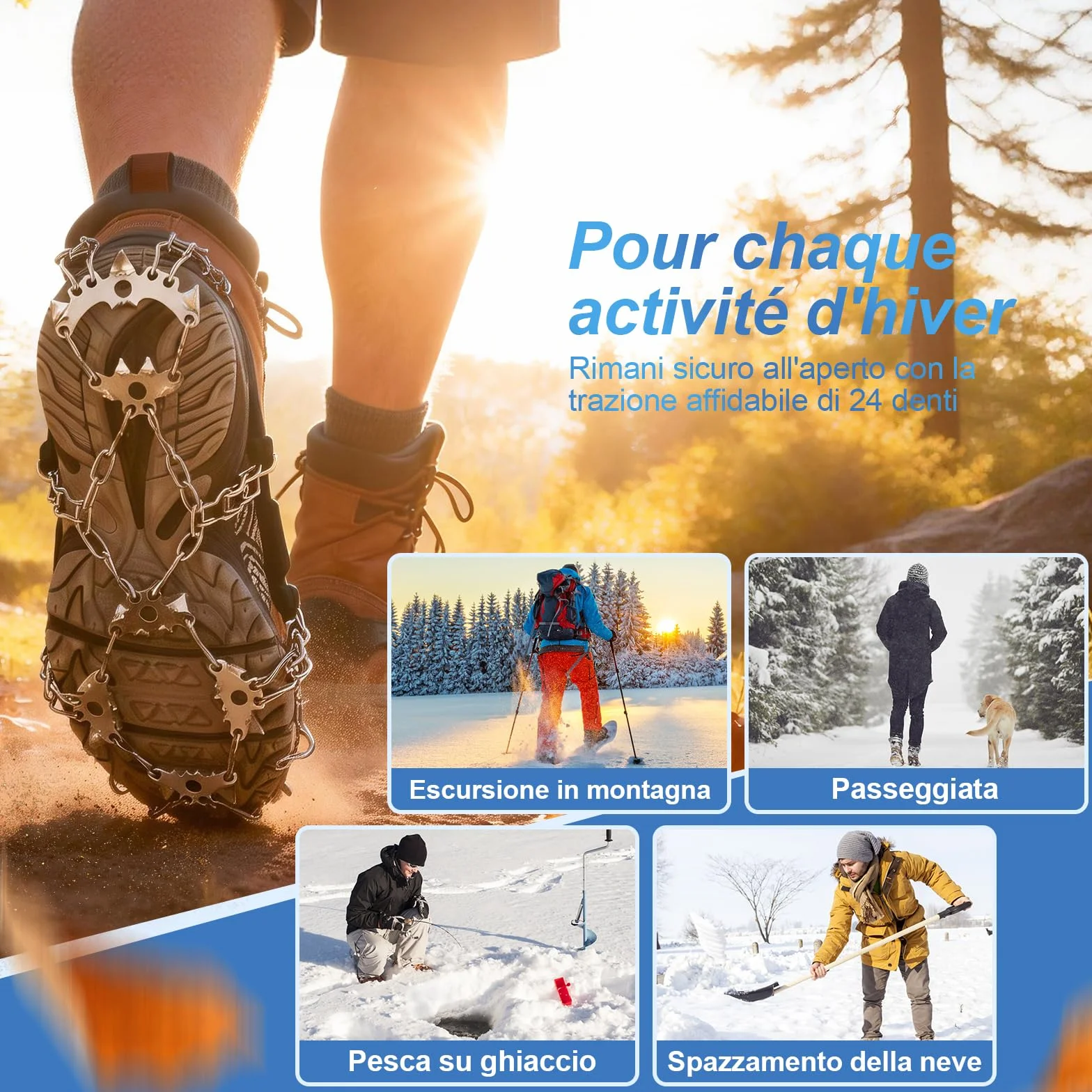 TOMSHOO Ramponi per Scarponi, 32 Denti Ramponi da Ghiaccio Catene in Acciaio Inossidabile con Cinghie, Ice Tacchetti Universali Trazione per Neve Ghiaccio Moutaineering Escursionismo
