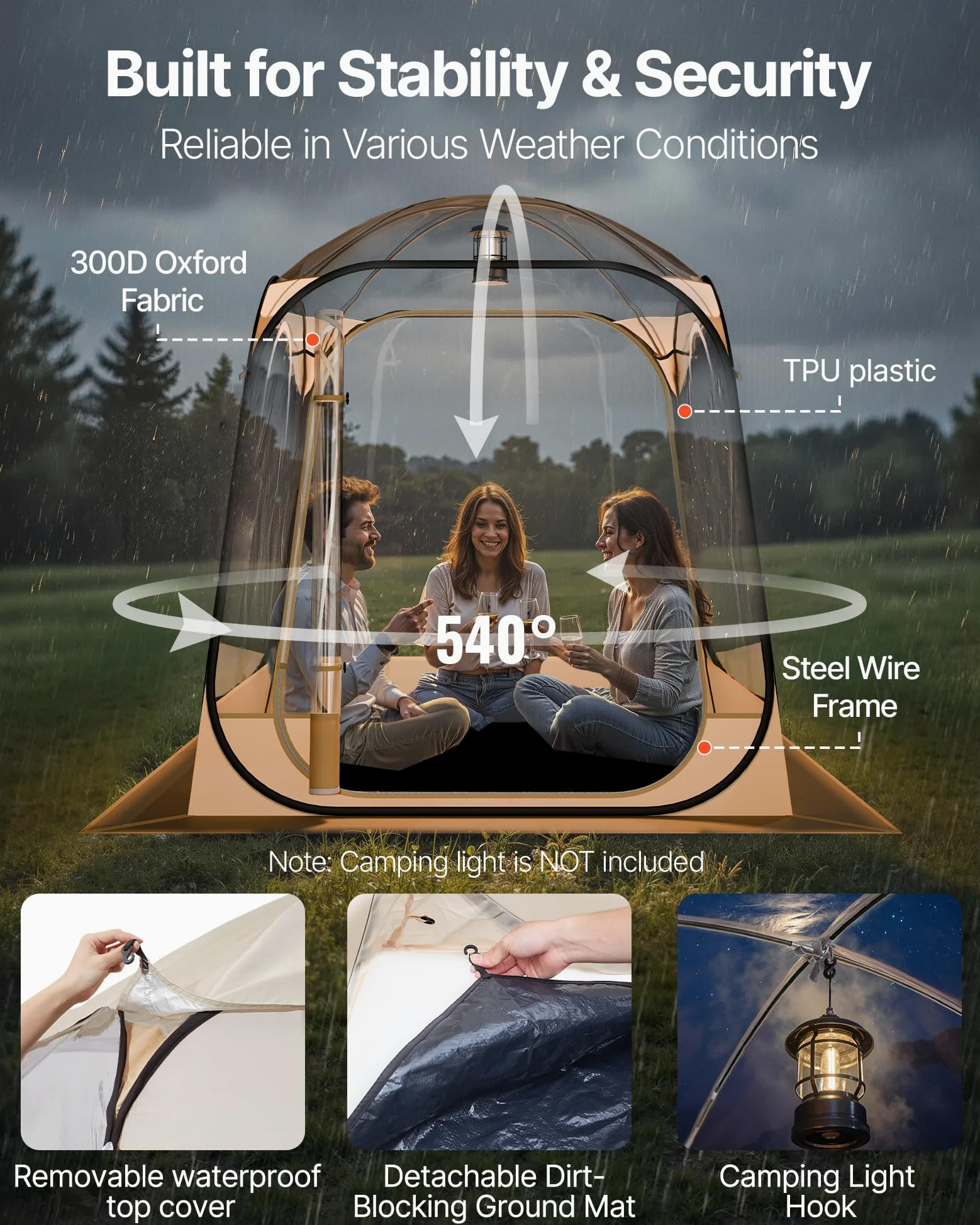 VEVOR Tenda Sportiva Pop-Up, a Bolle Trasparente da 160 x 160 cm per 2 a 4 Persone, Capsula Impermeabile per Esterni con Tappetino e Copertura Superiore, Tenda a Cupola Igloo da Giardino