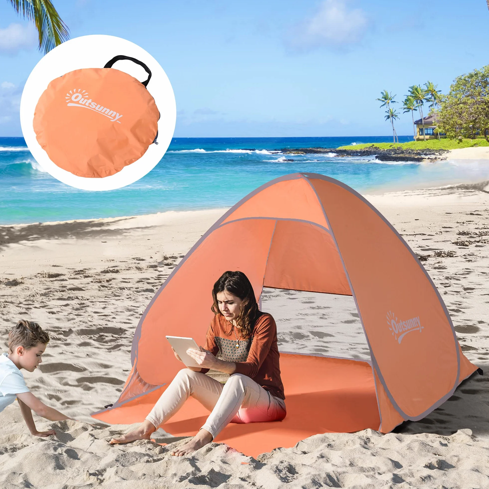 Outsunny Tenda da Spiaggia Pop Up con Protezione UV 30+, Tendalino da Mare Pieghevole con Finestra e Borsa di Trasporto, 200x150x119 cm
