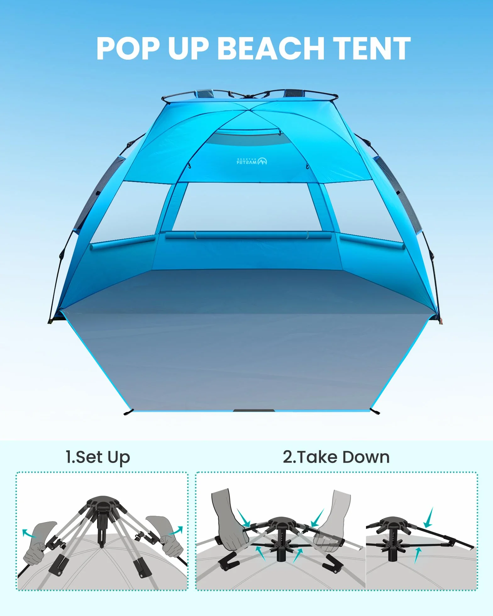 OutdoorMaster Tenda da spiaggia pop up per 3-4 persone, misura XL, facile da installare, portatile, pieghevole, con protezione UV UPF 50+, lucernario rimovibile per famiglie