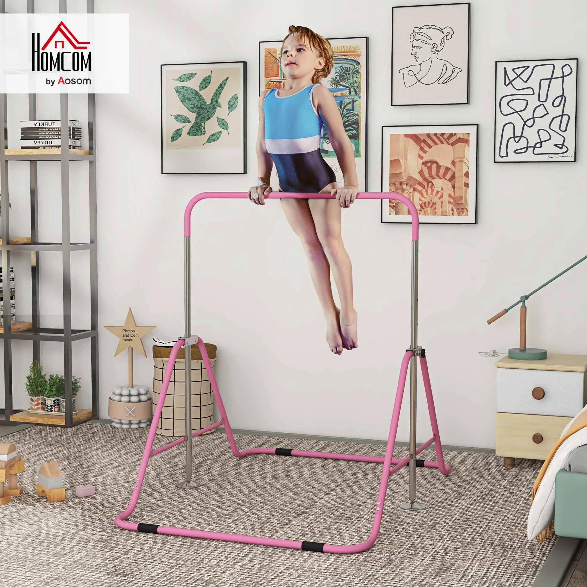 HOMCOM Sbarra per Trazioni Pieghevole per Bambini 3-8 Anni, Sbarra Ginnastica con Altezze Regolabili in 5 Posizioni e Struttura in Acciaio, 154x106.2x88.5-128.5cm, Rosa