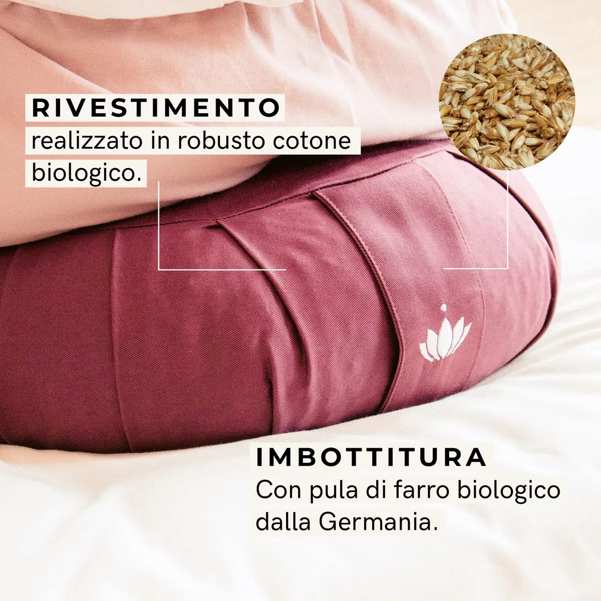 LOTUSCRAFTS Zafu cuscino da meditazione, altezza seduta 20 cm, modello Zen rotondo, cuscino da yoga, fodera in cotone lavabile, imbottitura in farro, certificato GOTS