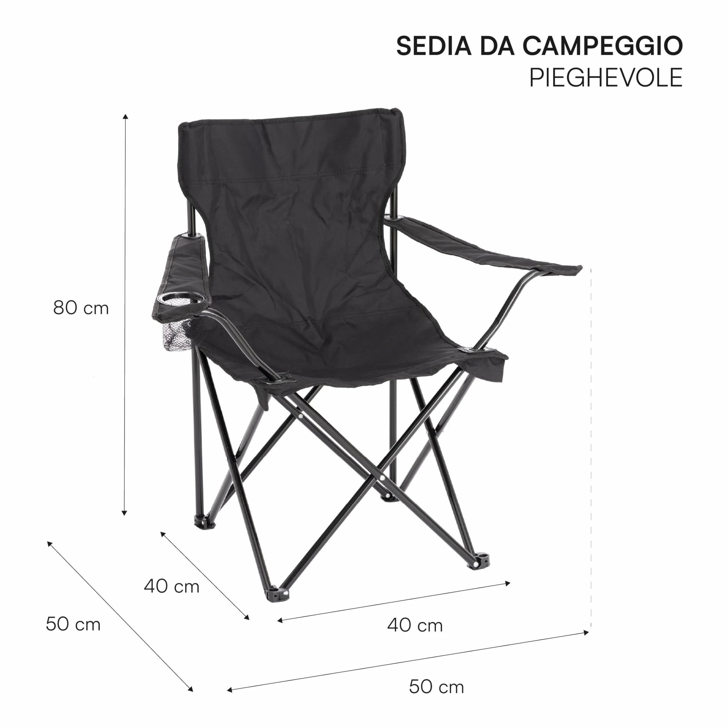 Baroni Home Sedia Campeggio Pieghevole Impermeabile Portatile 50x50x80 cm Set 2 Nero